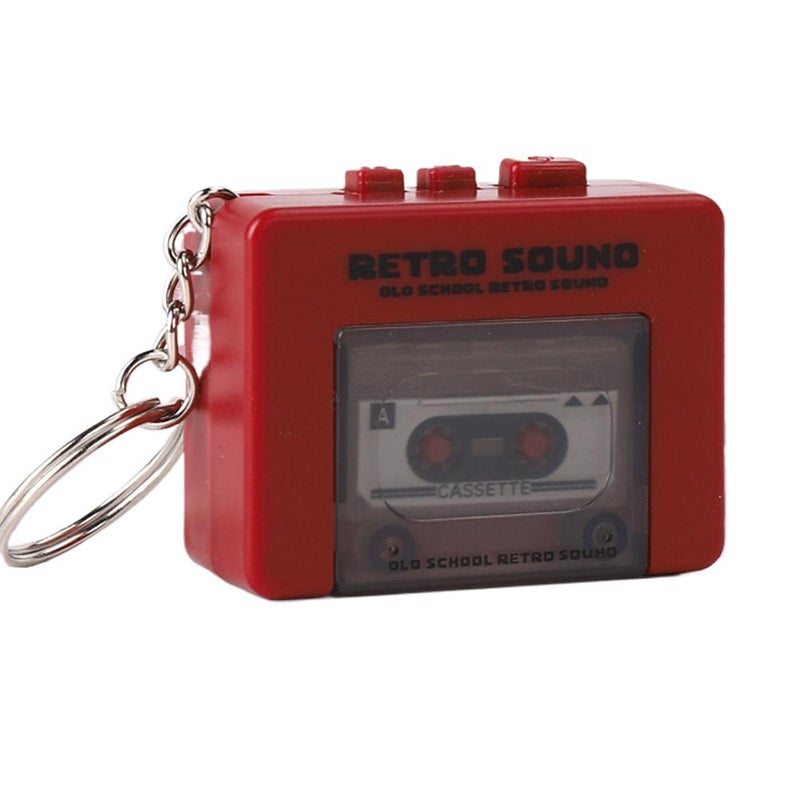 Retro tape recorder keychain/cassette player charm that plays music, plays cassettes, and is a mini recording box.